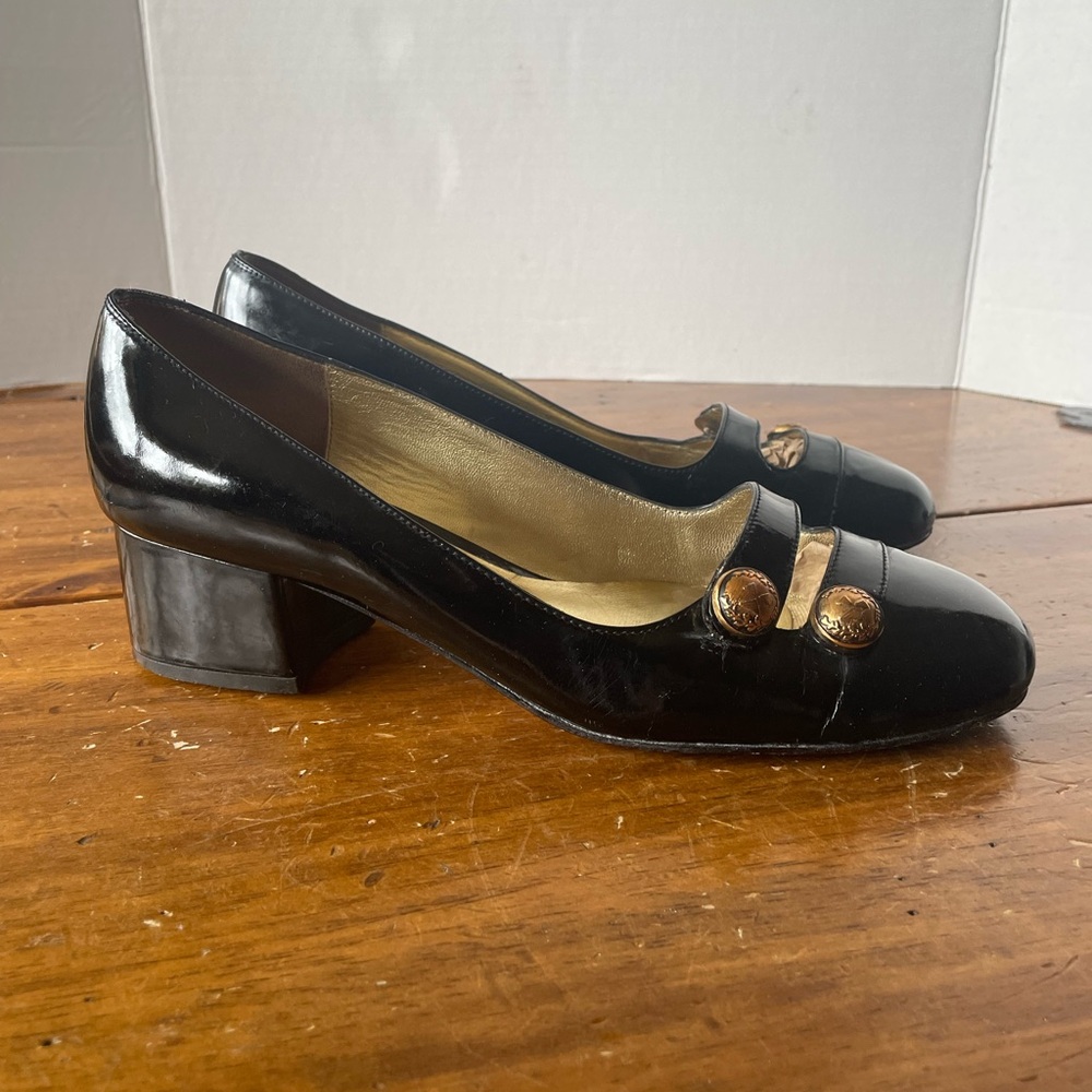 Daniblack Black Patent Leather Loafer Heels Gold Button Detail Made In Italy 10
